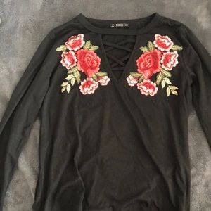 Lace up embroidered long sleeve tee